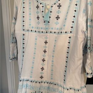 Tyler Boe White Dress with Turquoise Embroidery